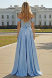 Purple Off The Shoulder A Line Beaded Satin Prom Dress