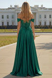 Purple Off The Shoulder A Line Beaded Satin Prom Dress