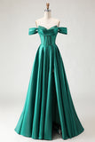 Purple Off The Shoulder A Line Beaded Satin Prom Dress