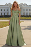 Purple Off The Shoulder A Line Beaded Satin Prom Dress