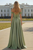 Purple Off The Shoulder A Line Beaded Satin Prom Dress