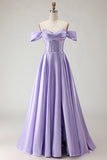Purple Off The Shoulder A Line Beaded Satin Prom Dress