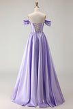 Purple Off The Shoulder A Line Beaded Satin Prom Dress