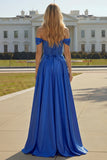 Purple Off The Shoulder A Line Beaded Satin Prom Dress