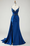 Fuchsia Mermaid Corset Satin Prom Dress With Slit