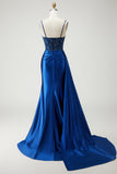 Fuchsia Mermaid Corset Satin Prom Dress With Slit
