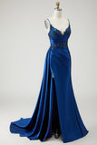 Fuchsia Mermaid Corset Satin Prom Dress With Slit