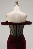 Burgundy Burnout Velvet Off The Shoulder Mermaid Prom Dress With Slit