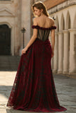 Burgundy Burnout Velvet Off The Shoulder Mermaid Prom Dress With Slit