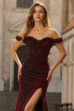 Off The Shoulder Black Red Mermaid Ruffled Prom Dress