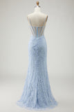 Blue Mermaid Appliqued Corset Prom Dress With Slit