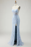 Blue Mermaid Appliqued Corset Prom Dress With Slit