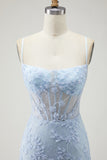 Blue Mermaid Appliqued Corset Prom Dress With Slit