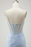 Blue Mermaid Appliqued Corset Prom Dress With Slit