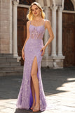 Blue Mermaid Appliqued Corset Prom Dress With Slit
