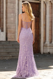Blue Mermaid Appliqued Corset Prom Dress With Slit