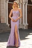 Blue Mermaid Appliqued Corset Prom Dress With Slit