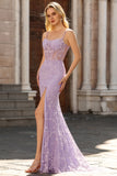 Blue Mermaid Appliqued Corset Prom Dress With Slit
