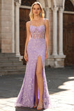 Blue Mermaid Appliqued Corset Prom Dress With Slit