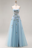 Blue Strapless A Line Corset Sequin Prom Dress with Appliques