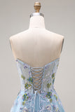 Blue Strapless A Line Corset Sequin Prom Dress with Appliques