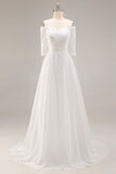 White A-Line Off The Shoulder Sweep Train Wedding Dress