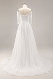 White A-Line Off The Shoulder Sweep Train Wedding Dress