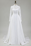 Modest Ivory A-Line High Neck Long Sleeve Wedding Dress With Lace