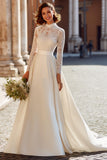 Modest Ivory A-Line High Neck Long Sleeve Wedding Dress With Lace