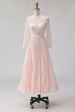 Blush Pink Pleated A-Line Lace Midi Mother Of The Bride Dress