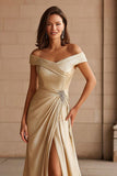 Champagne Off The Shoulder Maxi Dress With Slit