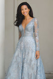 Silver A-Line V-Neck Long Sleeve Maxi Dress with Appliques