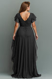 Navy A-Line Chiffon Ruched Maxi Dress With Flutter Sleeves