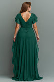 Navy A-Line Chiffon Ruched Maxi Dress With Flutter Sleeves