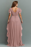Navy A-Line Chiffon Ruched Maxi Dress With Flutter Sleeves