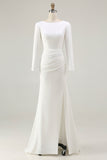 Ivory Ruched Long Sleeve Sheath Engagement Dress With Slit