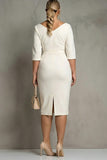 Ivory V Neck Satin Bodycon Plus Size Midi Formal Dress