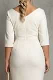 Ivory V Neck Satin Bodycon Plus Size Midi Formal Dress