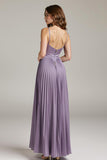 Light Purple Spaghetti Straps A-Line Pleated Maxi Dress With Slit
