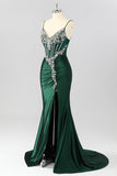 Dark Green Mermaid Corset Prom Dress With Slit