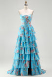 Yellow Floral Tiered Strapless Corset Prom Dress