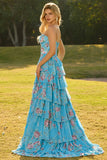 Yellow Floral Tiered Strapless Corset Prom Dress