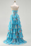 Yellow Floral Tiered Strapless Corset Prom Dress