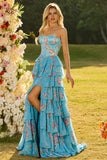 Yellow Floral Tiered Strapless Corset Prom Dress