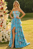 Yellow Floral Tiered Strapless Corset Prom Dress