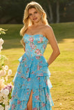 Yellow Floral Tiered Strapless Corset Prom Dress