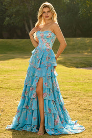 Blue Floral Strapless Tiered A-Line Corset Prom Dress