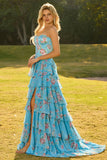 Yellow Floral Tiered Strapless Corset Prom Dress