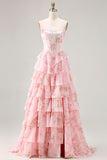 Yellow Floral Tiered Strapless Corset Prom Dress