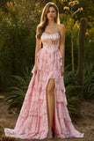 Yellow Floral Tiered Strapless Corset Prom Dress